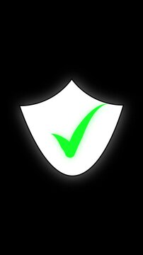 White shield icon features bright green check mark with neon glow. Shield icon visualizes security and approval themes. Shield icon enhances visuals with modern design.