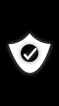 White shield icon features check mark inside circle on dark gradient. Shield icon visualizes security and validation concepts. Shield icon enhances visuals with modern design.
