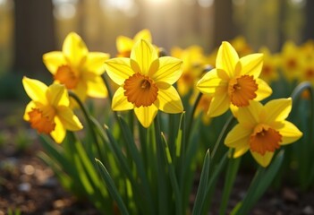 Obraz premium Bright Yellow Daffodil Trumpets Exuding Spring Energy in Garden Bed
