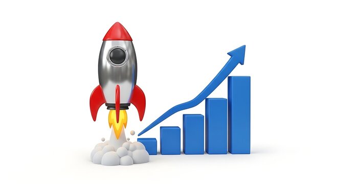 A 3d rendering depicts a silver rocket launching upwards trailing fiery exhaust alongside a rising blue bar graph high-quality professional detailed modern elegant stylish clean