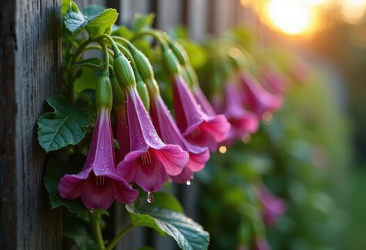 Climbing Morning Glory Trumpet Flowers Cascading Over Weathered Wooden Fence at Dawn