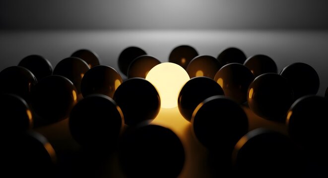 Single glowing yellow sphere standing out among dark black balls in darkness.