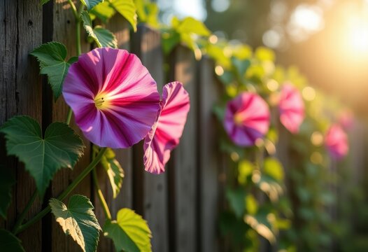 Climbing Morning Glory Trumpet Flowers on a Rustic Wood Fence in Bright Early Morning Light