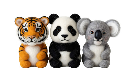 Obraz premium Three plush toy animals tiger panda koala sitting together white background cute soft wildlife collection