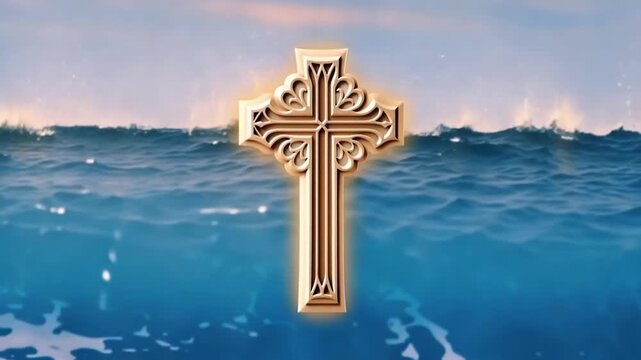 Ornate golden Christian cross with decorative carvings and warm glow positioned in front of blue ocean waves with cresting foam under a clear blue sky background.