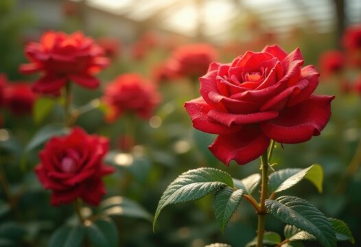 Flourishing Red Roses in Bold Garden Setting Lush Petals Vibrant Green Foliage Detail