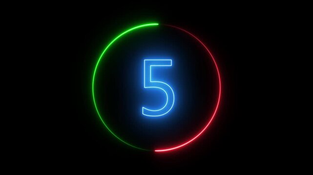 Neon Circle countdown timer animation from 10 to 0 second animation on black background. 10 second countdown timer. High quality 4K video.