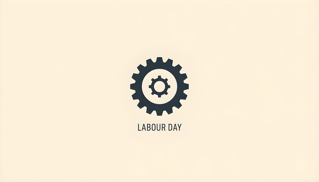 A Labour Day graphic design featuring a gear icon on a beige background