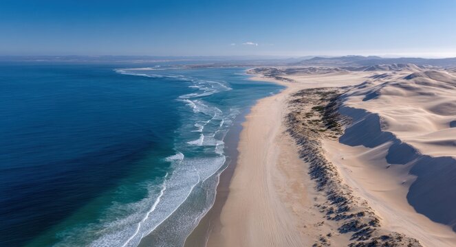 Expansive golden sand dunes flowing into the deep blue ocean, showcasing contrasting textures of soft sand and smooth water surface under clear sky