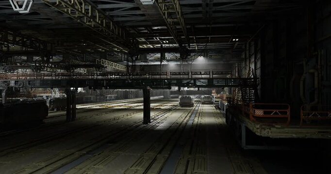 empty logistics hub interior awaiting arrival with wide lanes, stacked containers, subtle security lights, sensor panels and calm scale that emphasizes late