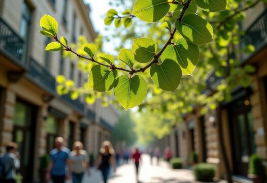 Linden Tree Blooming with Heart-Shaped Flowers Framed by City Streets Bright Daylight Urban Setting