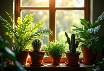 Fototapeta premium Lush House Plant Collection on Sunlit Windowsill Bathed in Morning Light Serenity Indoor Flourish Greenery