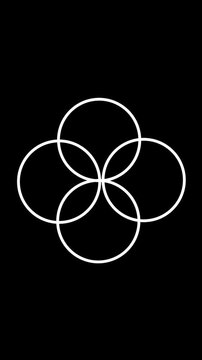 Three intersecting white circles visualizes geometric shapes on black background. Circles represent modern art and technology themes. Circles enhance visuals with modern design.