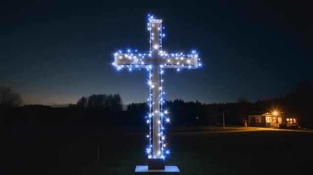 Large Christian cross illuminated by sparkling blue and white LED string lights stands prominently in a rural field at night under a dark twilight sky with a lit house in the distance.
