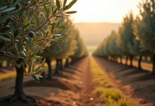 Olive Tree Orchard with Silvery Gray Foliage Surrounded by Serene Fields and Gentle Hills