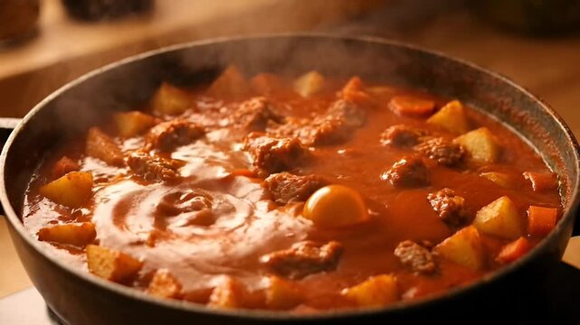 Stew Simmering: A hearty beef stew simmers gently in a pot, the savory aroma of slow-cooked ingredients and warmth of homemade comfort food filling the air. 