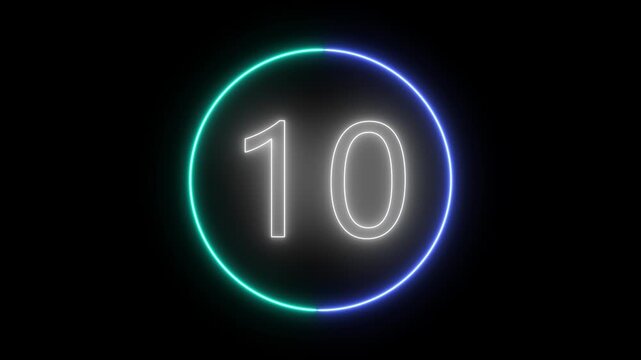 Neon Circle countdown timer animation from 15 to 0 second animation on black background. 15 second countdown timer. High quality 4K video.