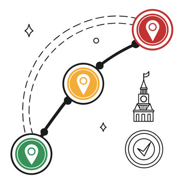 Straight path infographic connecting three colorful location map pins from green to yellow and red showing travel destination or process sequence.