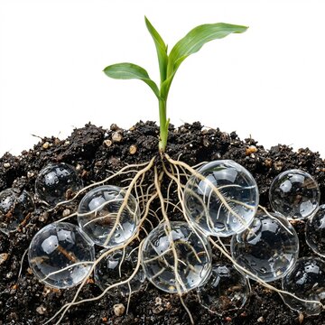 Close-Up Photo of a Young Plant Growing in Soil with Clear Hydrogel Balls Revealing its Root Structure