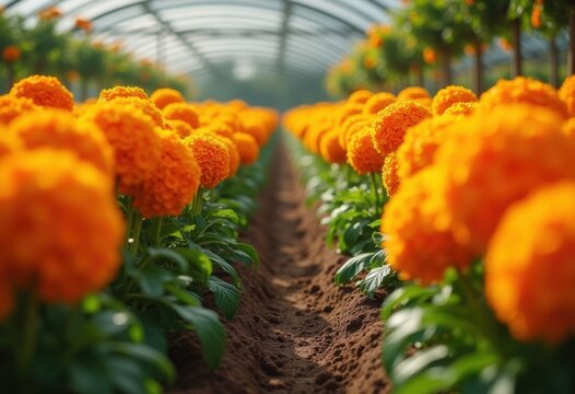 Vibrant Marigold Orange Pom Poms Beautifully Framing Planting Rows in Garden Landscape