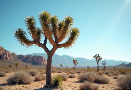 Vibrant Joshua Tree Stands Tall Against Clear Blue Sky Spiky Yucca Desert Flora Wild West Scene