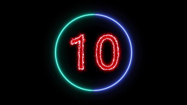 Neon Circle countdown timer animation from 15 to 0 second animation on black background. 15 second countdown timer. High quality 4K video.