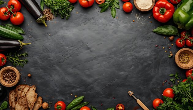 A variety of fresh vegetables and bread on a dark slate surface