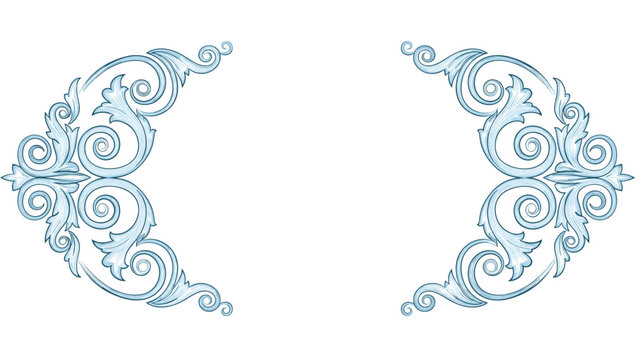 Elegant blue vintage floral scroll frame with ornate symmetrical leaf patterns on both sides, isolated on a white background.