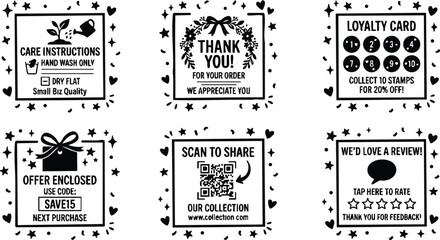 Naklejka premium Black and white thank you loyalty card care instructions and offer enclosed icons set