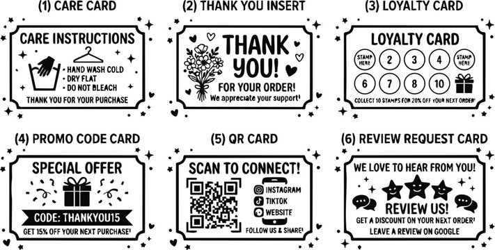 Black and white care instruction thank you loyalty promo code review request cards set vector art