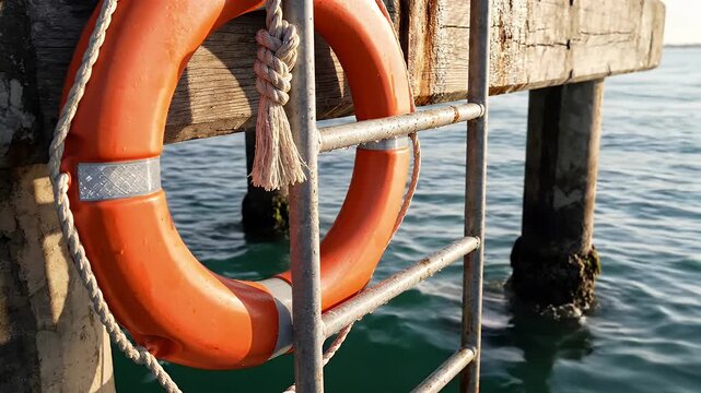 Orange life preserver ring attached to a pier ladder with calm water.