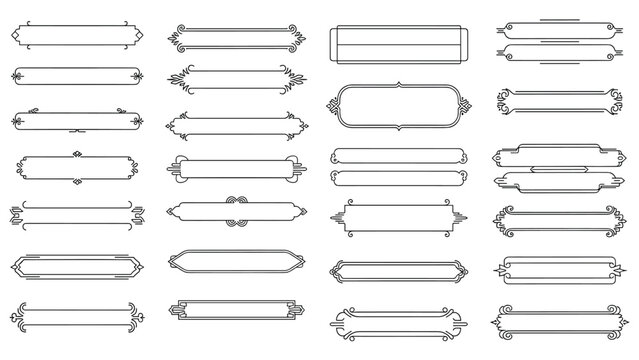 Set of thirty-two elegant black line border frames and decorative dividers in various classic styles on a white background.