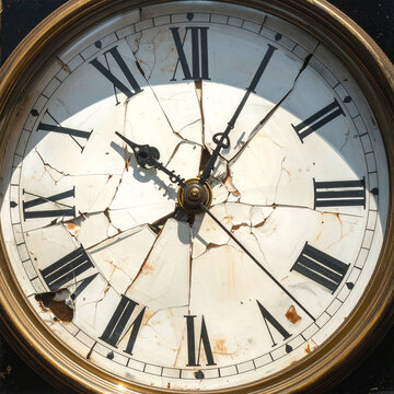 A broken clock face with visible cracks displays frozen time under moody light.