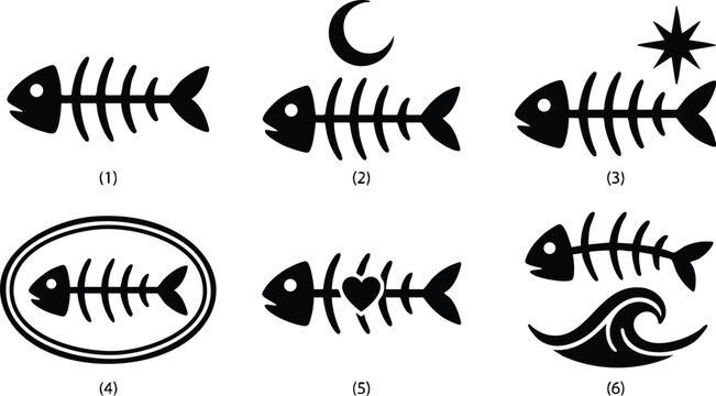 Black fish skeleton icons set with crescent heart star wave motifs in flat vector art