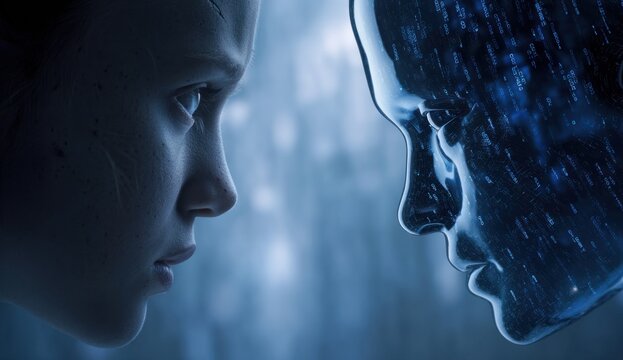 Human face and ai robot face facing each other, emphasizing human and machine interaction with detailed textures and metallic finishes