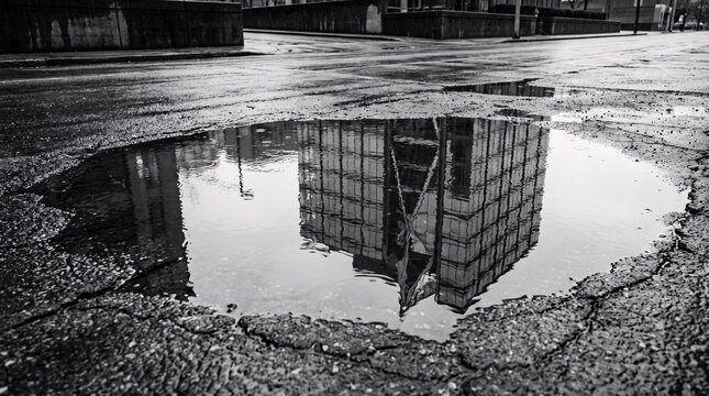 Reflective puddles distorting modern building geometry clearly symbolize the awful warping of reality through an extremely depressive lens.