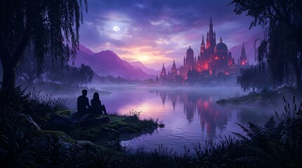 Naklejka premium Romantic couple admiring mystical castle at twilight by serene lake