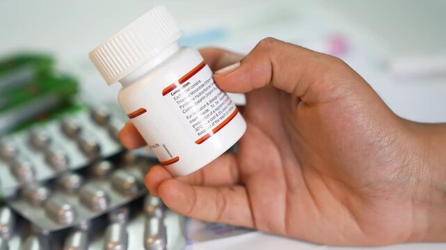 Hand holding prescription pill bottle with medication in background
