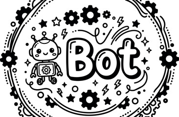 Naklejka premium Cute robot with gear icon and word bot surrounded by stars and lightning vector art