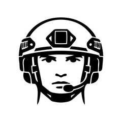 Logotipo con dibujo minimalista de un primer plano de la cabeza de un soldado con casco de combate, visto de frente  © teracreonte