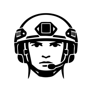 Logotipo con dibujo minimalista de un primer plano de la cabeza de un soldado con casco de combate, visto de frente 