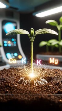 A young plant growing in soil with floating bubbles showing key nutrients (Ca, N, K, Mg, etc.) and water, symbolizing agricultural science.
