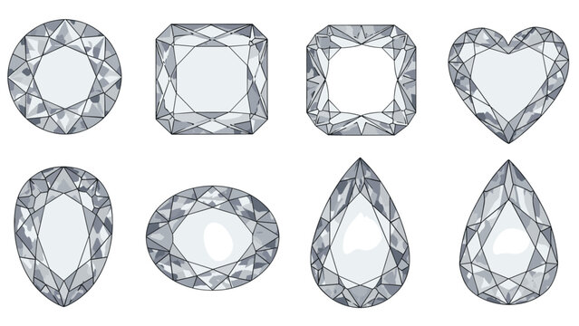 Collection of eight watercolor diamond shapes featuring round princess cushion heart pear oval and teardrop gemstone cuts for jewelry design.