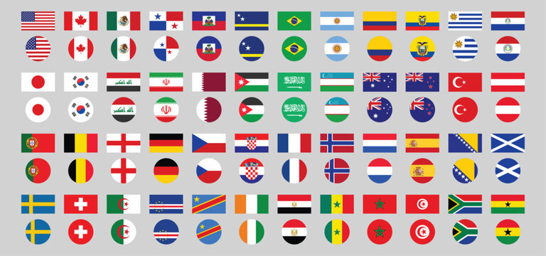 International Flags Set of 48 Countries with Rectangle and Round Icons, Football Teams Collection