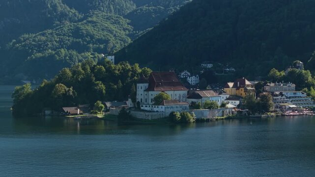 Aerial view of Traunkirchen church and Traunsee lake in summer, Austria