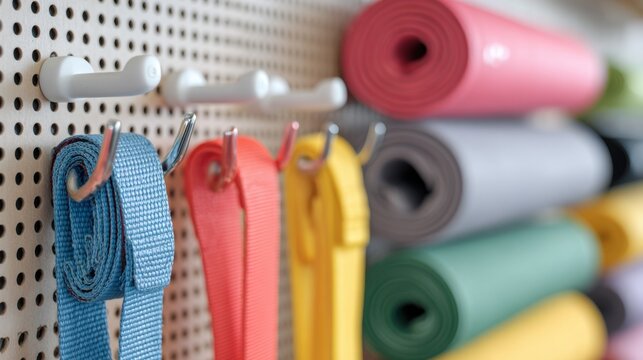Medium shot of a pegboard displaying assorted resistance bands and hooks main focus on vibrant bands with cushions softly blurred in background.