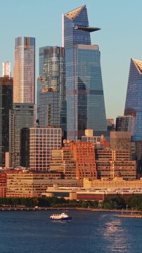 Aerial Hudson River view of New York City skyline featuring Hudson Yards and Midtown Manhattan landmark skyscrapers 