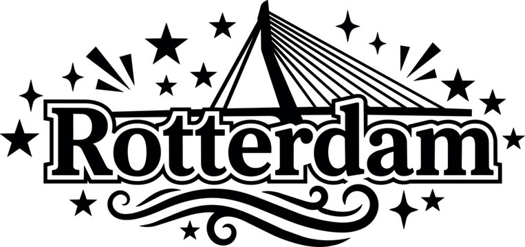 Rotterdam lettering with erasmus bridge silhouette and stars black and white vector art