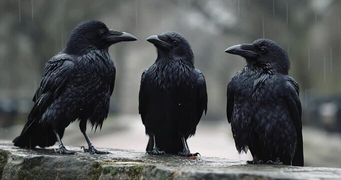 Three observant black crows patiently endure a gentle rain shower, perched calmly on a rugged stone wall, embodying a tranquil natural stillness