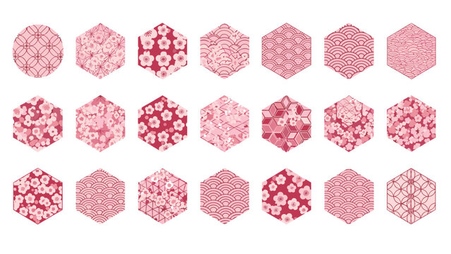 Collection of pink hexagonal tiles featuring various traditional japanese patterns such as waves flowers and geometric shapes.